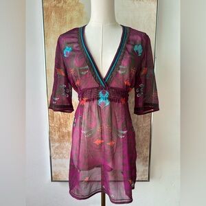 Esprit See-through Vintage Purple Floral Blouse Size Large Bohemian Hippie